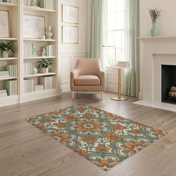 ODIKA Bathroom Symmetrical Flower Motif Muted Transitional Vintage Pet Friendly & Kids Safe Play for Playroom, Bedroom, Reading Nook