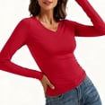 thumbnail image 2 of Sexlip Womens Long Sleeve V Neck Ribbed Knit Fitted Casual Tops Tee Slim Basic Shirt Red L, 2 of 7