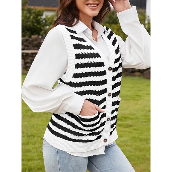 Sociala Women's Striped Sweater Vest Fall Colorblock Button Up Knit Sleeveless Tank Tops