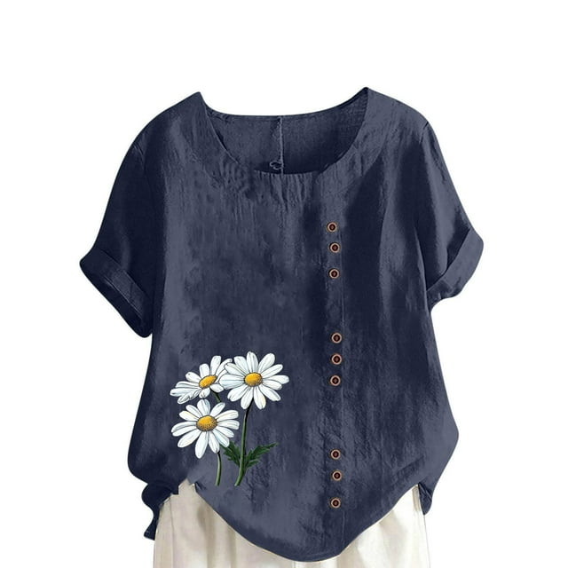 Vestidos Casuales Para Mujer, Blusas De Mujer De Moda Blusa informal de lino con botones y manga corta estampada para mujer
