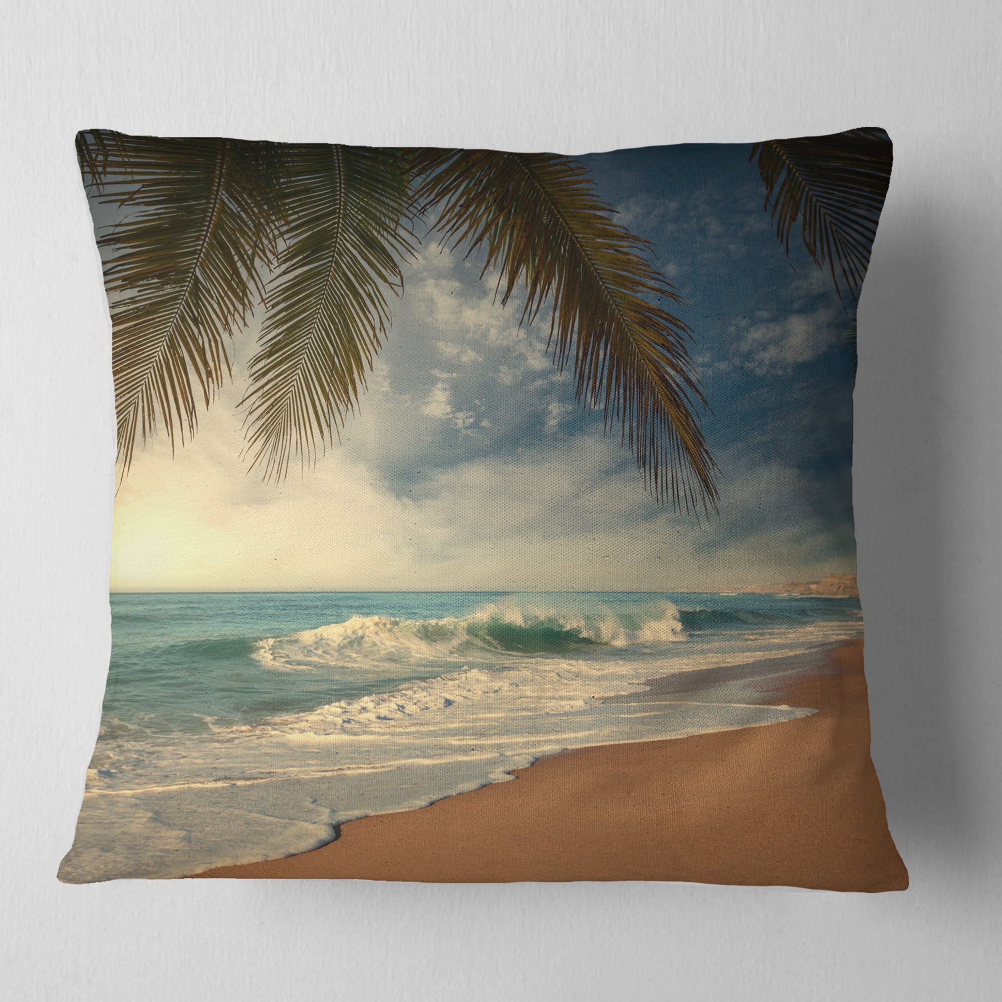 Designart Beautiful Tropical Beach with Palms - Beach Photo Throw Pillow - 16x16