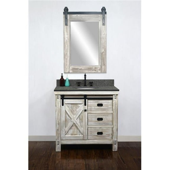 WK8536-W-MG TOP 36 in. Rustic Solid Fir Barn Door Style Single Sink Vanity in White Wash with Rustic Style Polished Textured Surface Granite Top in Matte Grey - No Faucet - 37 x 34.6 x 22 in.