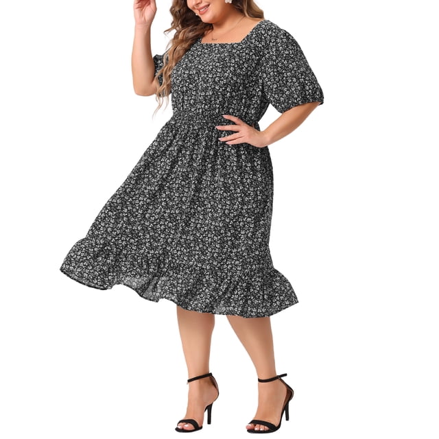 Vestido midi de camisa con cintura fruncida y mangas cortas con volantes para mujer de tallas grandes Agnes Orinda 4X en negro y blanco