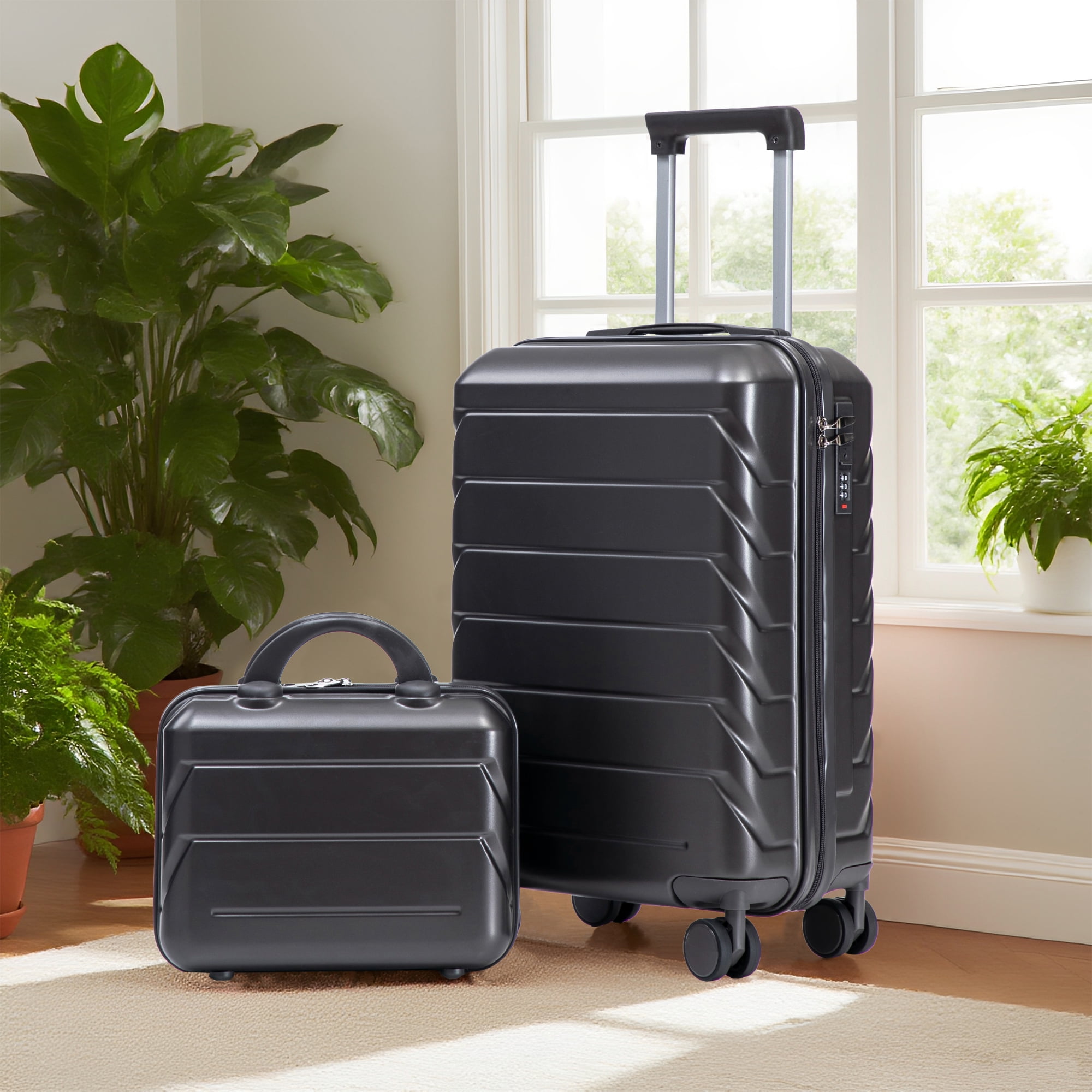 14"/20" 2 pcs/set in ABS Spinner Wheel Luggage, with Combination Lock, 14" Cosmetic Case (Dark Gray)