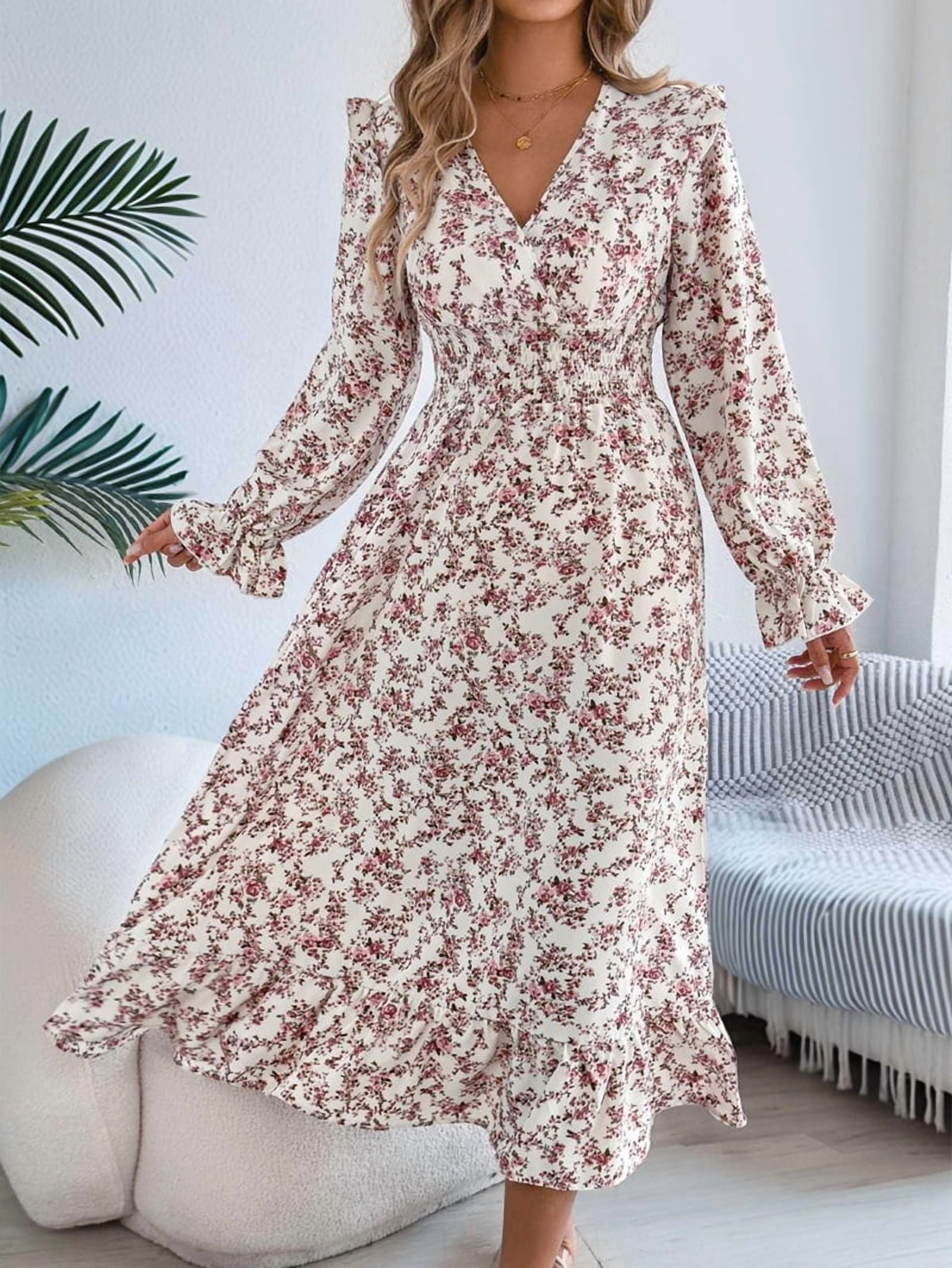 Women'S Long Sleeve Floral Print V-Neck Ruffle Hem Maxi Dress Shirred Waist White S