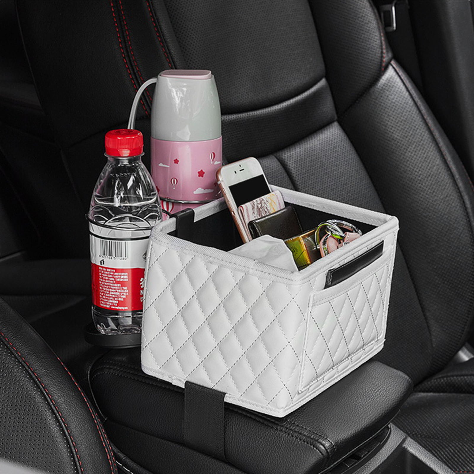 Hesroicy Car Storage Box Foldable Cup Holder Large Capacity Faux Leather Car  Armrest Tissue Cup Phone Holder Car Supplies 