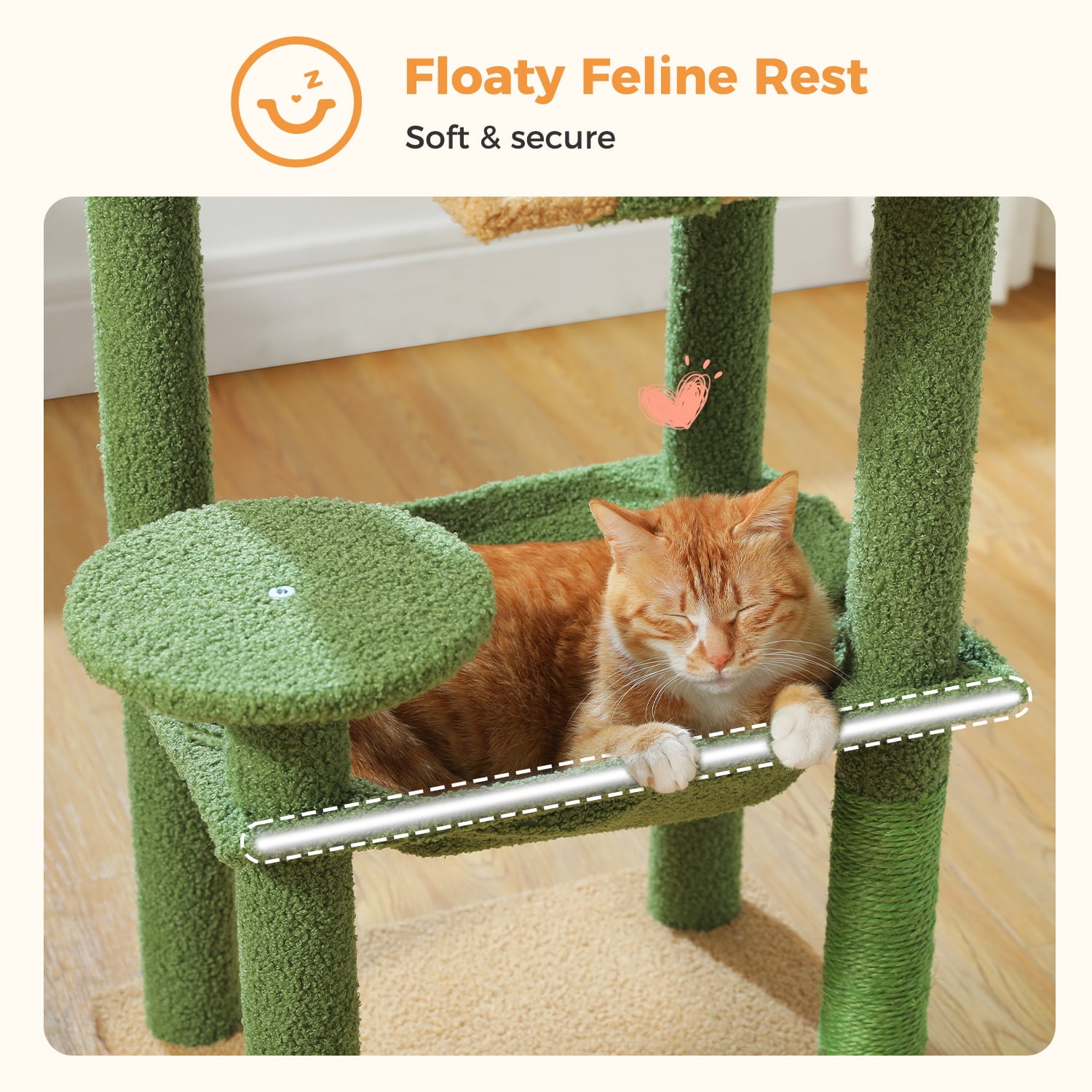 Pefilos 44" Cat Tree Tower for Indoor Cats, 5-Level Cat Condo with Large Hammock, Big Top Perch and 4 Sisal Covered Scratching Pos, Green