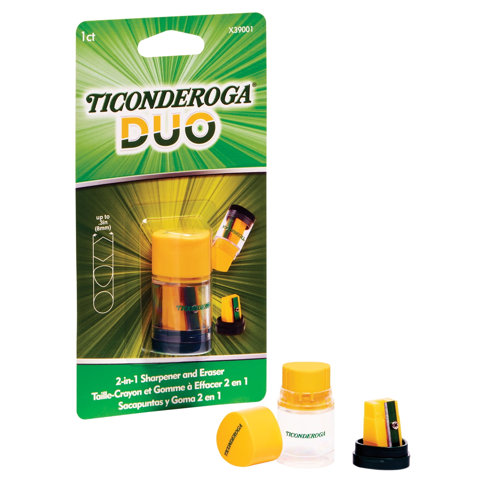 Ticonderoga DUO Sharpener/Eraser, Green and Yellow, Pack of 12