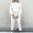 thumbnail image 2 of Lounge Sets for Women Solid Color Round-Neck Long Sleeve Pullover Elastic Waist Long Pants Set Workout Drawstring Pants Womens 2 Piece Outfits Lounge Sweatsuit Set Fall Fashion Set Trendy, 2 of 6