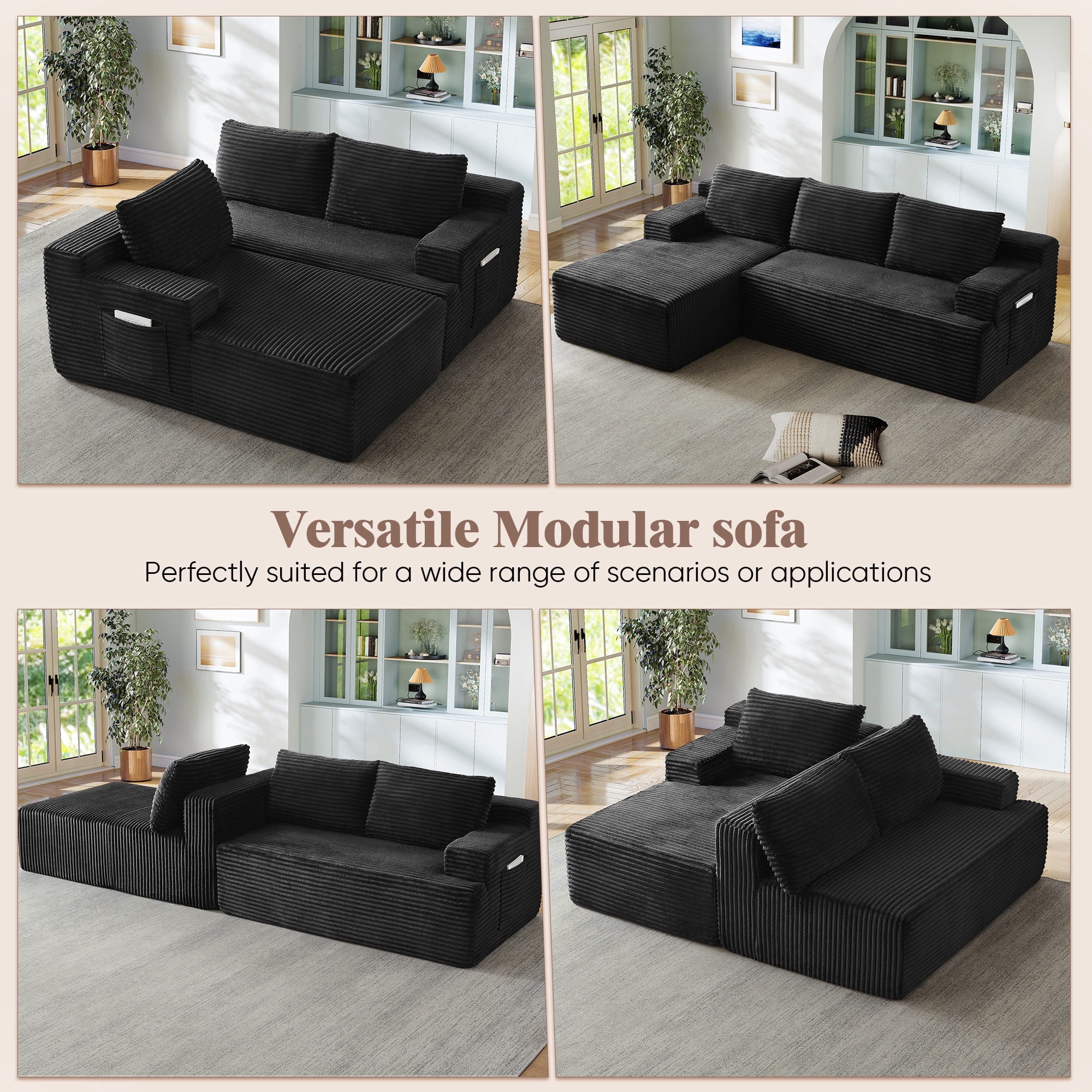 Muumblus L-Shaped Modular Sectional Sofa with Chaise, Boneless Deep Seat Cloud Couch, No Assembly Corduroy Sleeper Sofa for Living Room, Black（Left Facing Chaise）