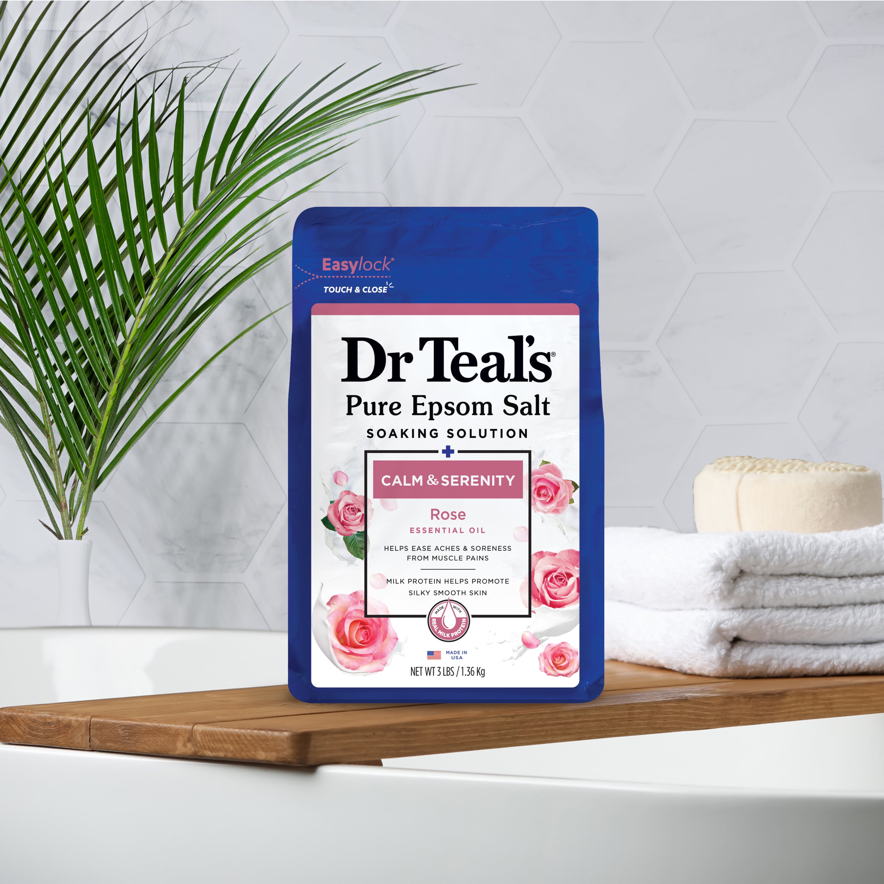 Dr Teal's Epsom Salt Magnesium Soak, Calm & Serenity with Rose Essential Oil & Milk Protein 3 lbs, 4 count