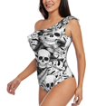 thumbnail image 3 of Yiaed Skull and palm leaves Print Women One Piece Swimsuits Tummy Control One Shoulder Bathing Suits Pattern Ruffle Swimwear-Large, 3 of 8