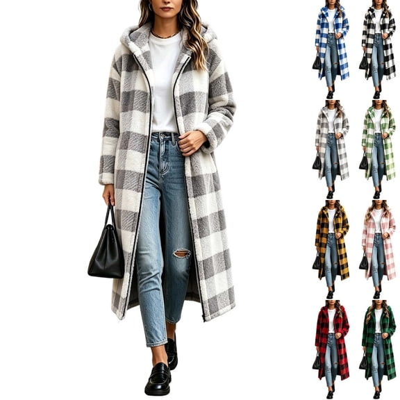 Xaqiouau Womens Sherpa Coat Buffalo Plaid Fleece Jacket Long Hooded Zip Up Teddy Coat Warm Winter Outerwear with Pockets