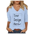 thumbnail image 3 of Top de manga tres cuartos con cuello en V, hombros al aire y corte informal para mujer - Estampado gráfico bonito, estilo playero - Para vacaciones/trabajo/colegio, lavar con agua fría, 3 of 5