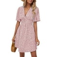 thumbnail image 4 of DYMADE Womens Summer Floral Pleated Elastic Waist V-Neck Half Sleeve A-Line Dress, 4 of 5