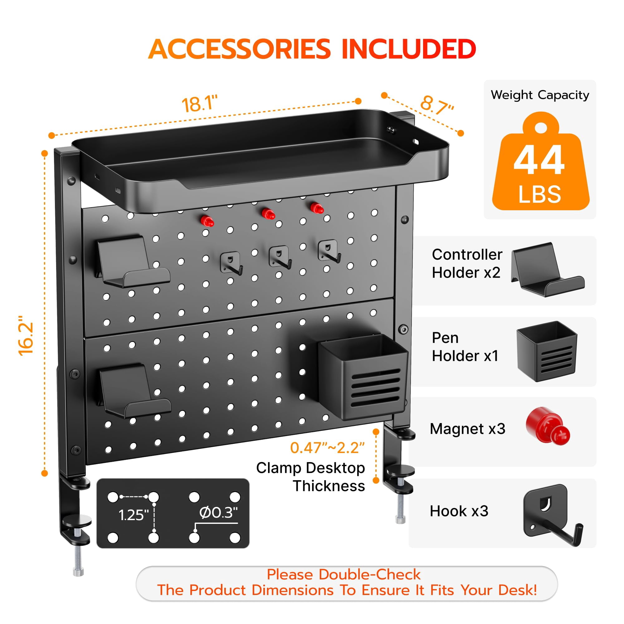 Desk Clamp On Pegboard With 16 Inches Organizer Shelf  Adjustable Above Or Under Storage Holds 44 Lbs Magnetic Metal Peg Board For Office And Gaming Accessories Black