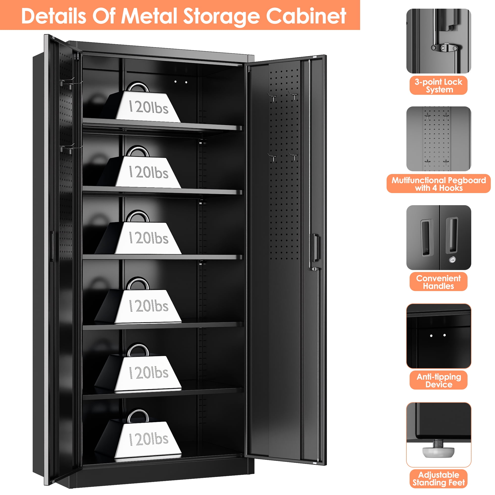 GANGMEI 72 Inches Tall Metal Garage Storage Cabinets with 5 Adjustable Shelves, Lockable Steel Black Storage Cabinet with Doors for Office, Home, School, Shops, Garage, Assembly required