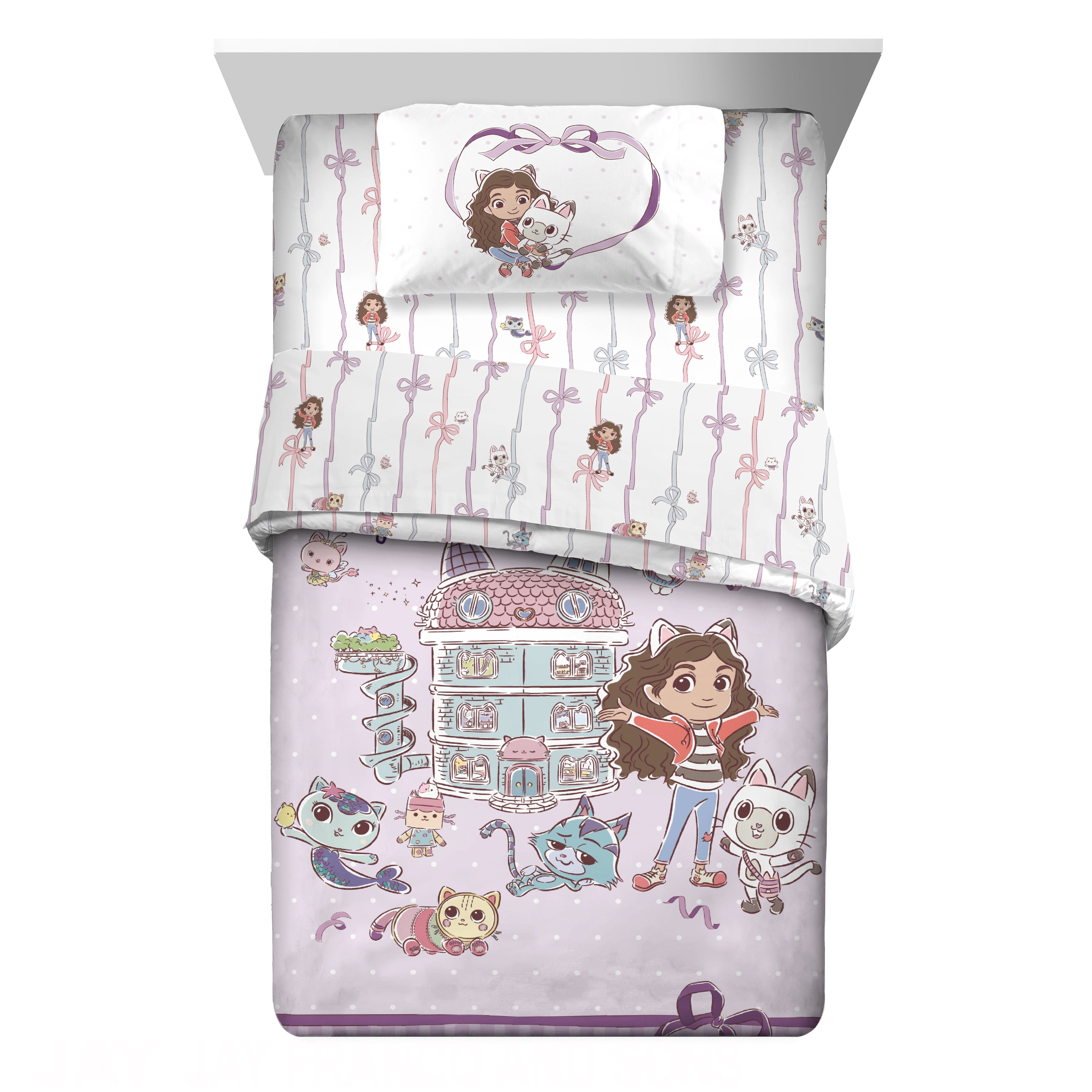 Gabby's Dollhouse Kids Purple Reversible Comforter, Bed in a Bag, Full