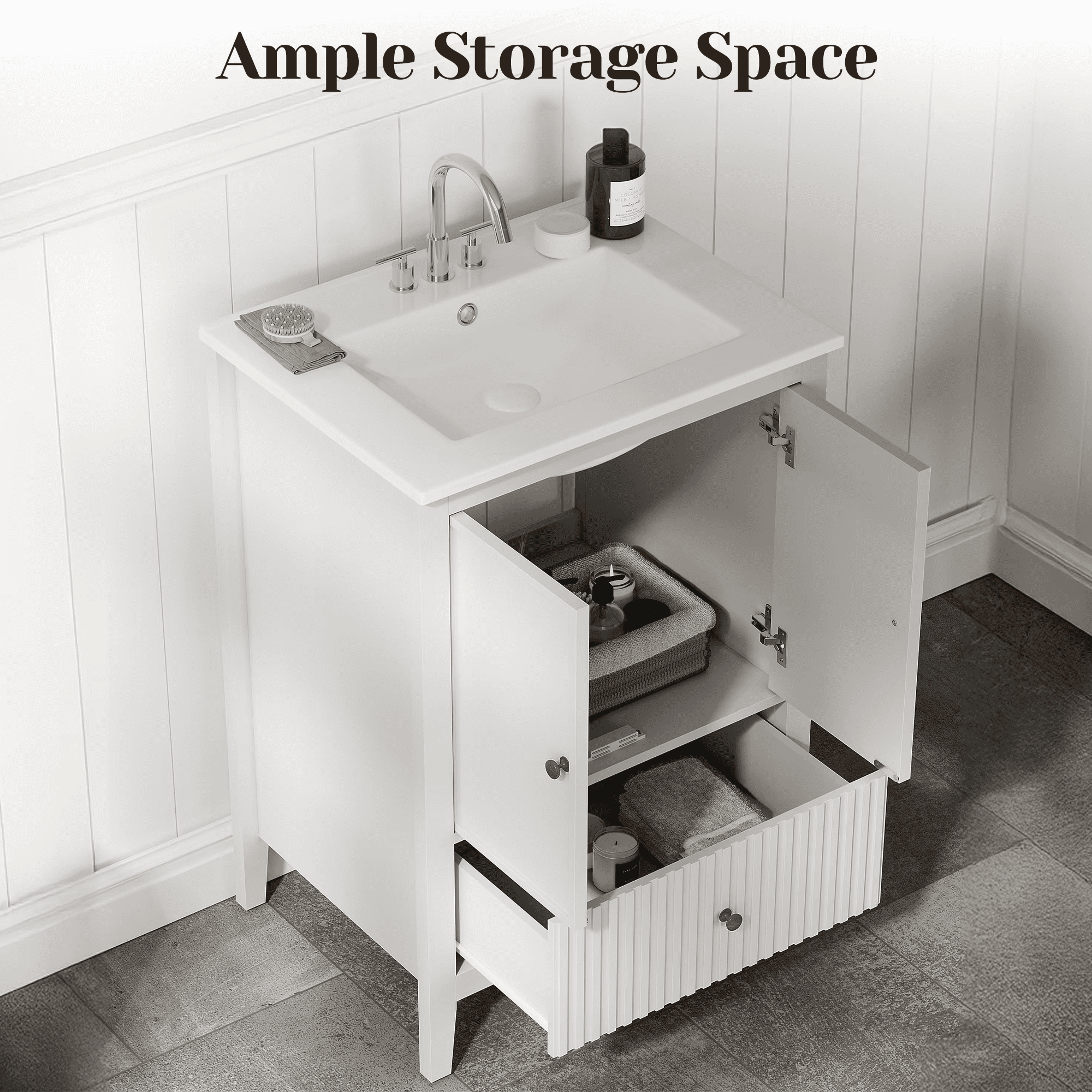 Mintazer 24 Inch Fluted Bathroom Vanity Cabinet with Ceramic Sink, Modern Farmhouse Single Sink Bath Vanity with Storage Cabinet & Drawer, White
