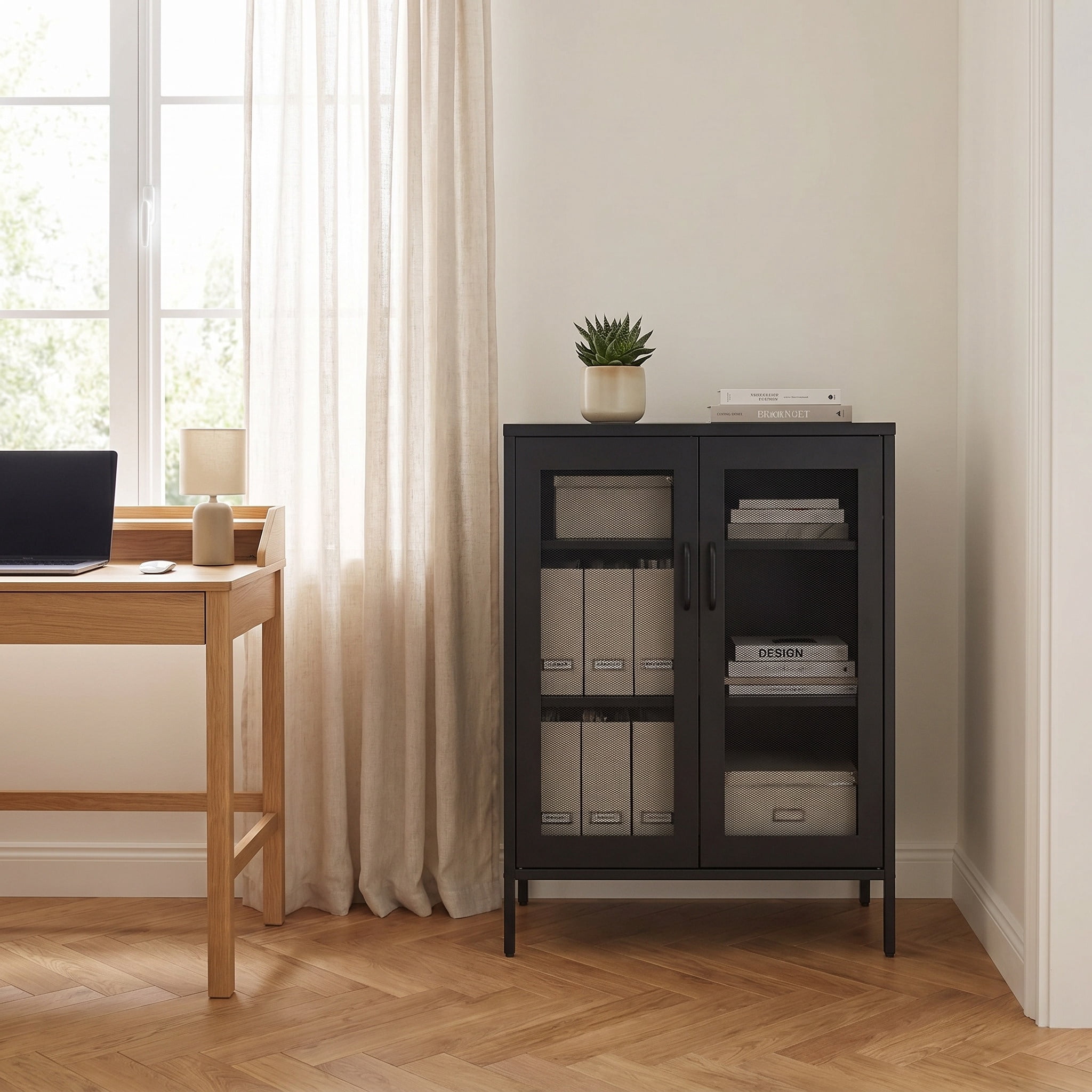 Nordic Hygge Metal Storage Cabinet with Mesh Doors and Adjustable Shelves for Home Office, Bathroom, and Living Room, Black