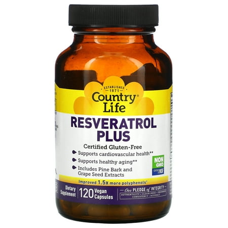 Country Life Resveratrol Plus 1000mg 120 Vegan Caps - Organic Antioxidant Supplement with Pine Bark & Grape Seed Extracts - Vegan, Gluten-Free, Non-GMO