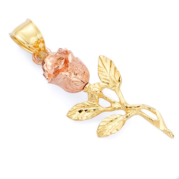 Wellingsale 14K Two 2 Tone Rose and Yellow Gold Polished Diamond Cut Ornate Flower Charm Pendant