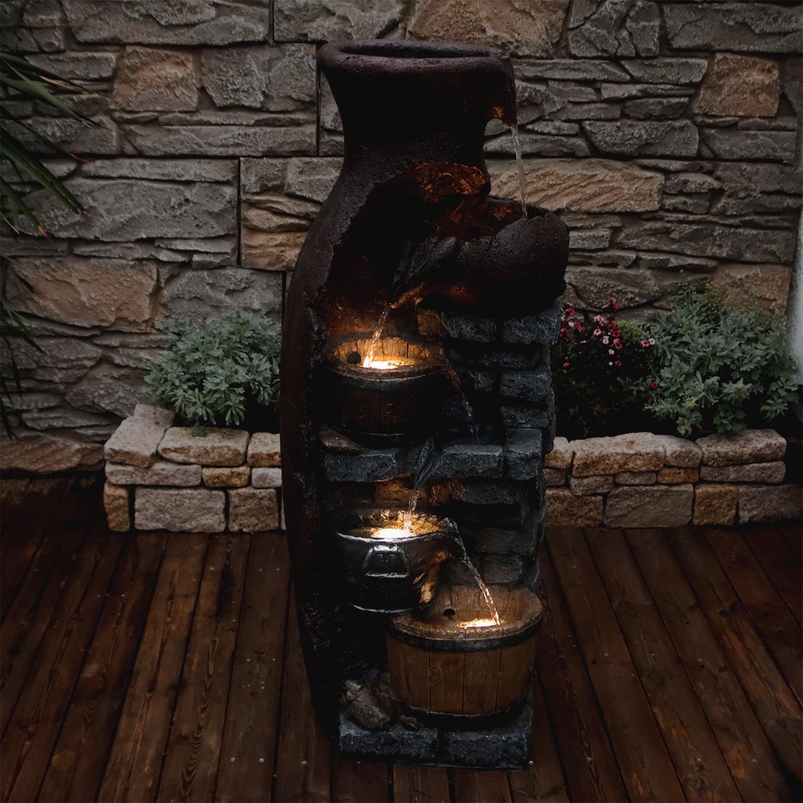 Retro Barrel Water Fountains Indoor 6-Tiered Cascading Waterfall Water Feature 43.31''H Garden Fountain Decor Outdoor with LED Lights and Pump for Lawn Porch Deck Patio