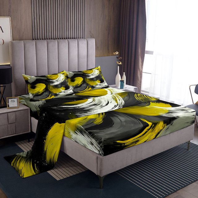 Erosebridal Ink Geometry Sheet Set King, Chic Minimalst Bedding Sets King Size, Oli Printing Decor 4-Piece