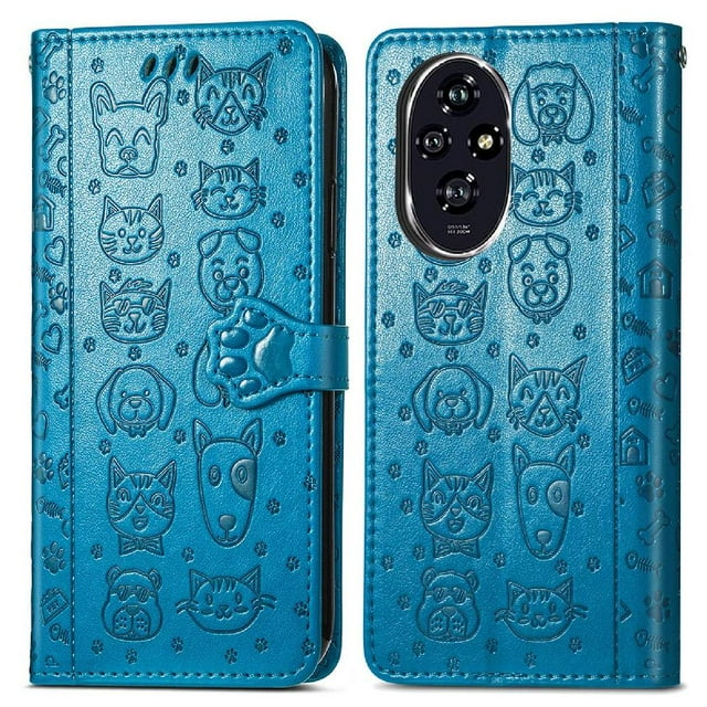 Funda Cartera FOXDOCK para Honor 200 , Flip PU con Relieve de Gatos y Perros, Tarjetero y Soporte