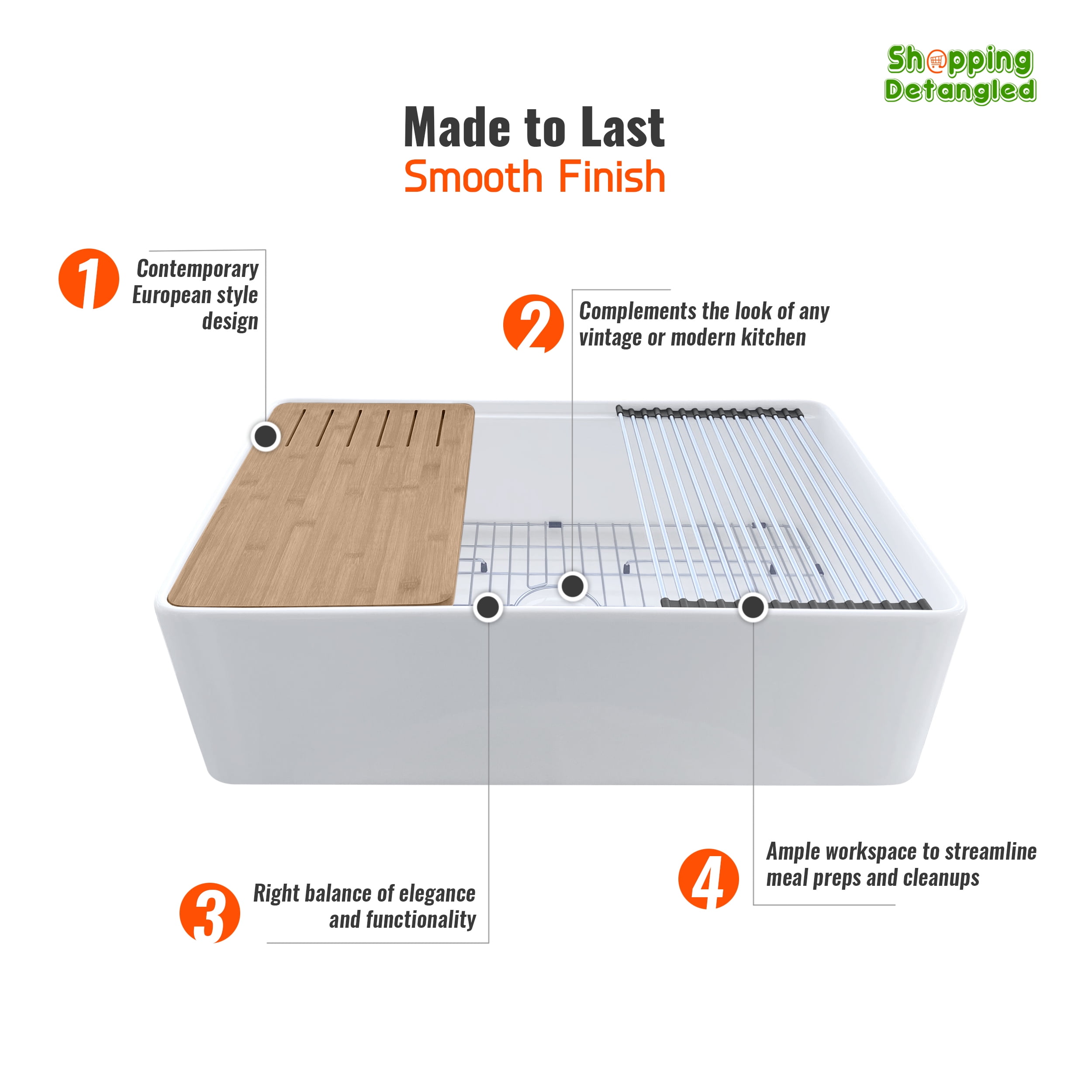 33 inch Fireclay Workstation Farmhouse Kitchen Sink - Apron Front Sink - Contemporary European Design - Grid, Drain Cover & Workstation Accessories