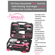 Apollo Tools 135 Piece Household Tool Kit Pink with Pivoting Dual-Angle 3.6 Volt Lithium-Ion Cordless Screwdriver - DT0773N1