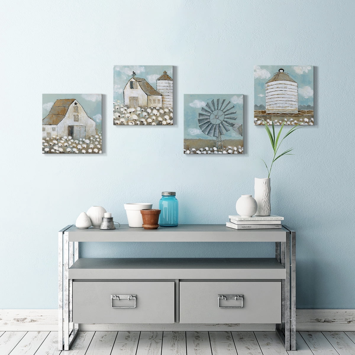 Wexford Home Teal Barn Wall Art Oil Painting 32 x 32 inches Set of 4 Barnhouse Pictures Prints for Farmhouse Cabin Home Vacation House
