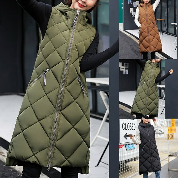 Juebong Womens Long Puffer Vest Thicken Winter Coats Quilted Hooded Vests Sleeveless Puffy Jacket Parkas Windproof Outerwear Gilet Black,L