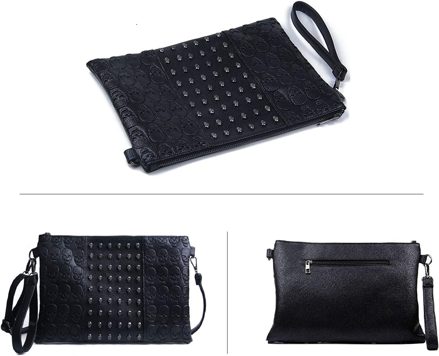 Womens Punk Skull Rivet Shoulder Bag PU Leather Goth Crossbody Bag with Chain Wallet Purse for Teen