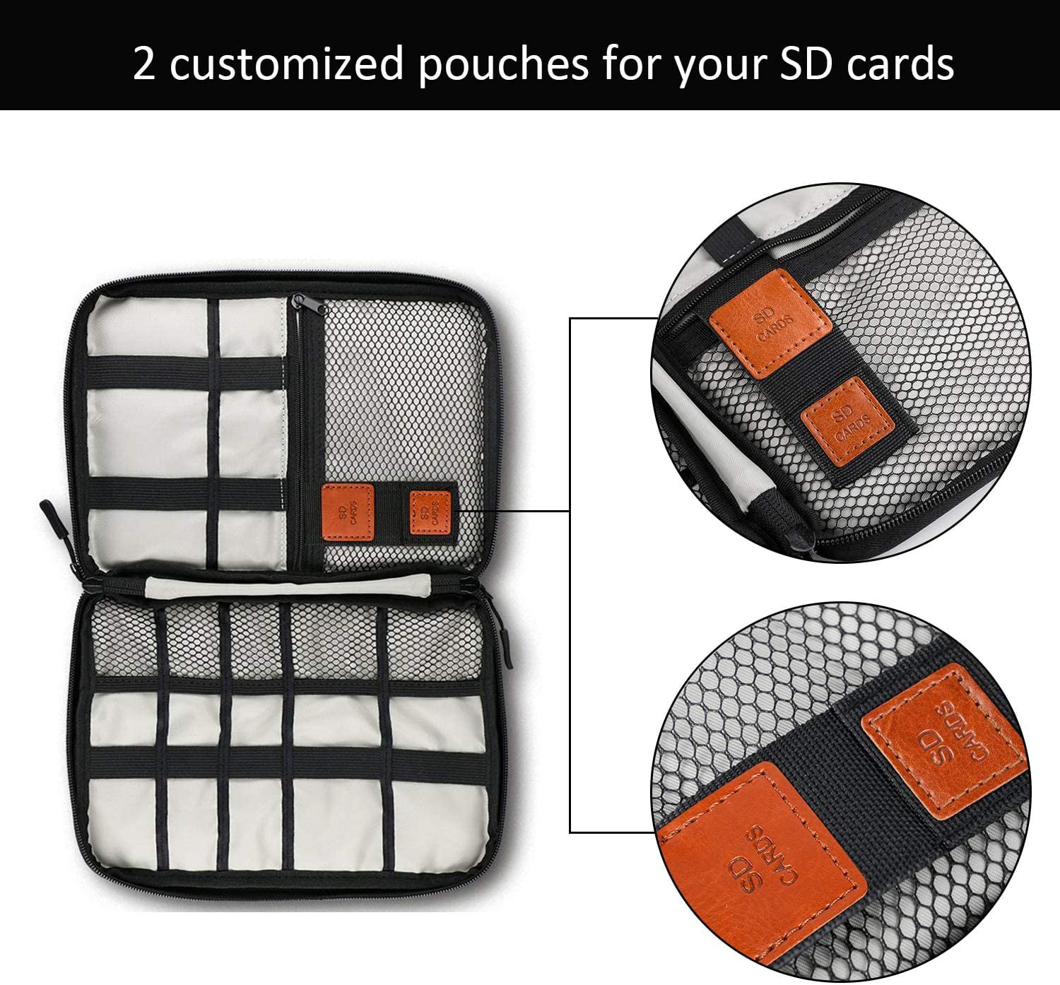 Phone USB SD Card,with 8pcs Cable Ties Travel Cable Organizer Bag Electronics Accessories Carry Cases Portable Cord Organizer Bag for Cable Charger Gray 