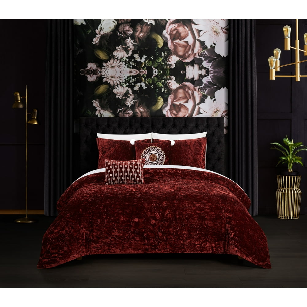 Chic Home Kiana 9Piece Crinkle Crushed Velvet Comforter Set, Queen, Burgundy