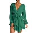 thumbnail image 2 of qolati Women's Wrap V Neck Dress 2023 Long Sleeve Tie Waist Ruffle Hem Cocktail Dress Elegant Wedding Guest Party Swing Mini Dresses, 2 of 7