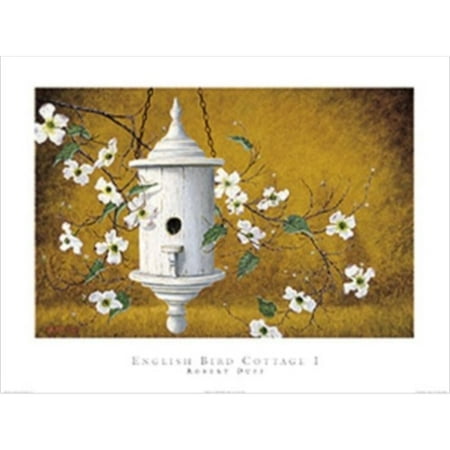 English Bird Cottage - English Bird Cottage I by Robert Duff 24x18 Art Print Poster White Bird Home Hanging from the Left with White Stem Flowers