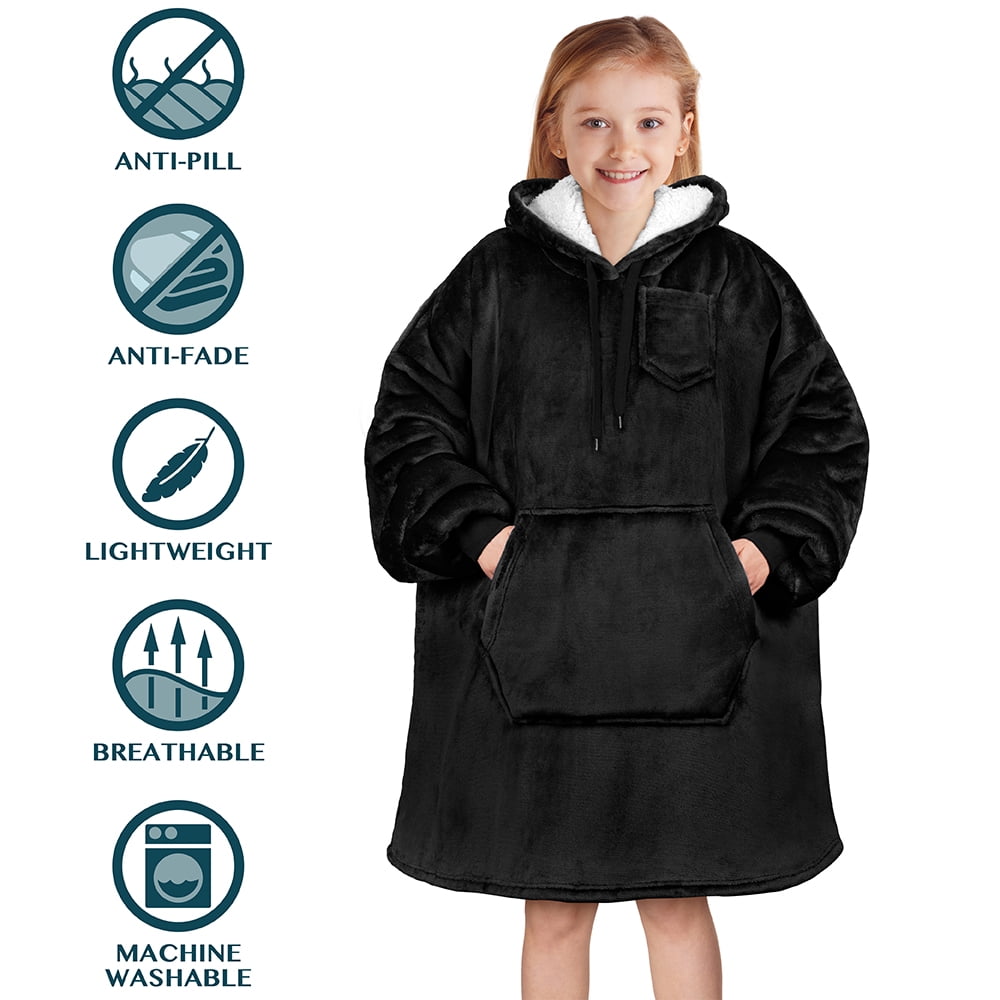 PAVILIA Wearable Blanket Sweatshirt for Kids Boy Girl Black, Warm Cozy Giant Blanket Hoodie, Fleece Sherpa Oversized Blanket Sweatshirt with Sleeves, Big Pocket, Christmas Gift