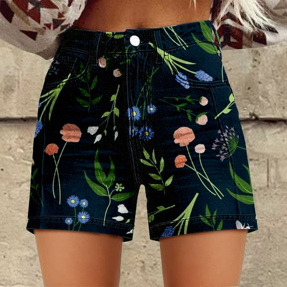 Women's Shorts Womens Casual High Waist Denim Shorts Relaxed Fit Artretro Printed Floral Shorts With Pockets,Black Women's Shorts L