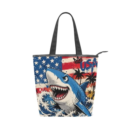 Large Capacity Canvas Tote Bag with Zipper Durable Canvas & Leather Shoulder Handbag All-over Print Tote for Work Commuter Shopping Travel Graffiti Shark American Flag Art