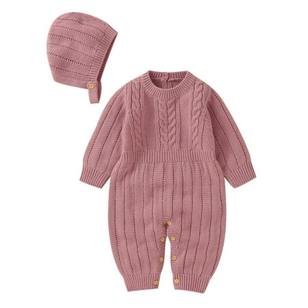 

TIREOW Comfortable Bodysuit Sweaters for Kid s Autumn and Winter Daily Athleisure Jumpsuit Sets Boy Girl Solid Knitted Sweater Baby Button Cotton Romper Caps Outfits Clothes