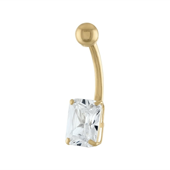 Zahav Jewelry 10K Solid Yellow Gold 14 Gauge Belly Ring With Emerald Cut Cubic Zirconia