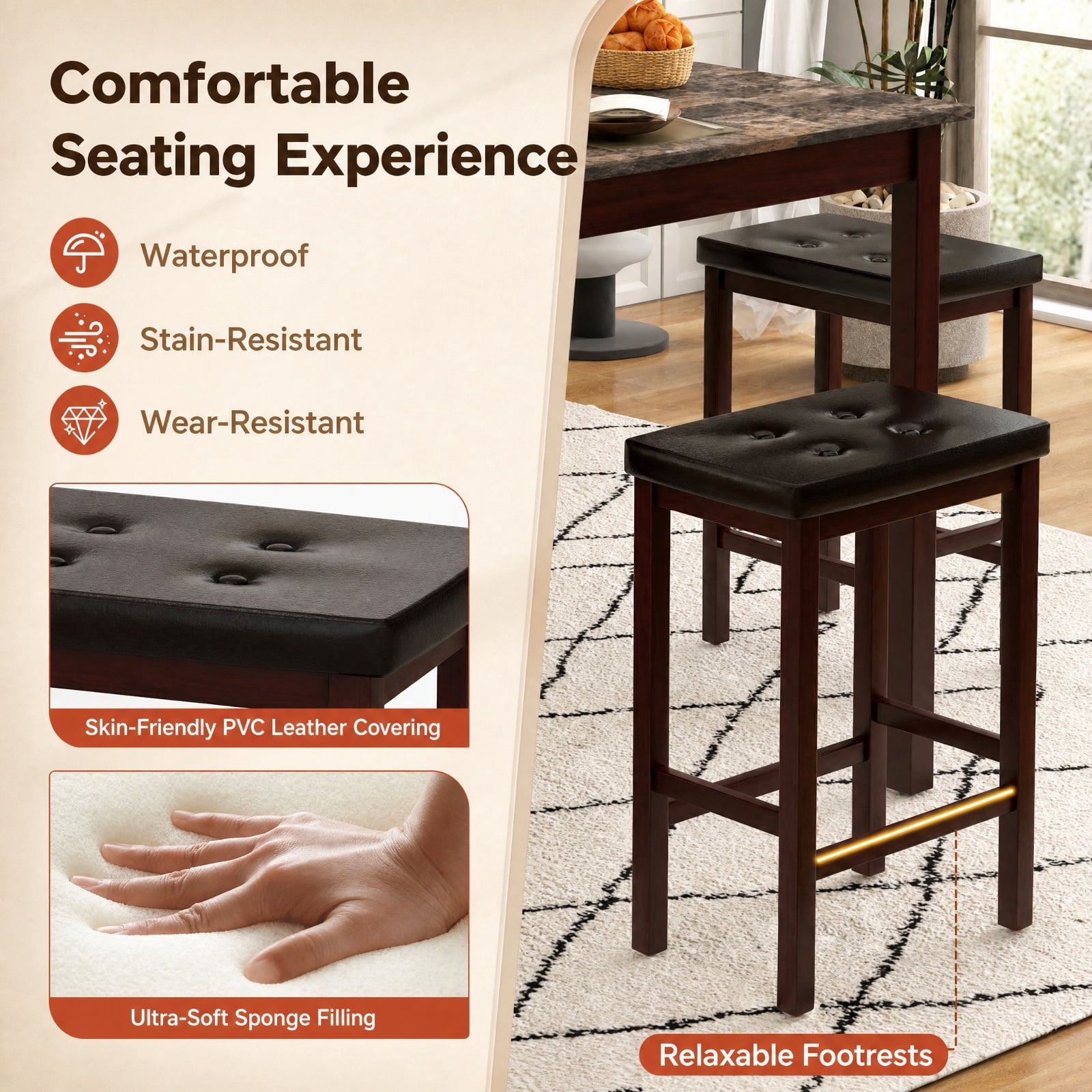 Furnibear 5 Piece Counter Height Bar Table Set with Dining Table and 4 Bar Stools with Rubber Wood Legs for Kitchen Breakfast Nook Seating, Brown
