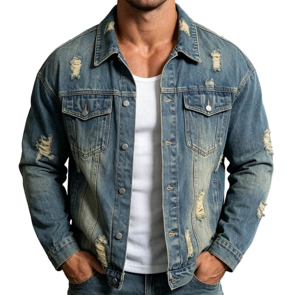 Ripped Denim Jackets for Men Washed Vintage Distressed Loose Workwear Jacket with Pockets Spring Summer Style High Street Cool And Edgy Denim Clothing