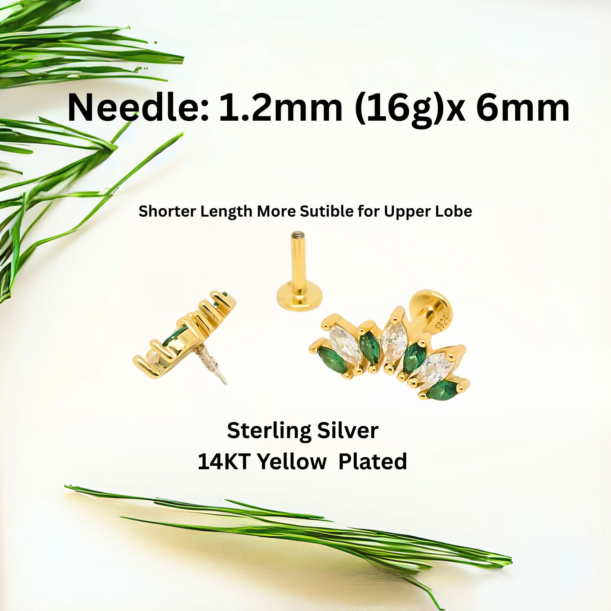 Green Marquise CZ Flat Back Earrings for Cartilage Upper Lobe Gold Plated Sterling Silver 1 pair by Ginger Lyne
