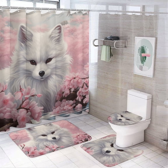Watercolor Fox 4Pcs Shower Curtain Set Shower Curtain Set with Carpet Bath Mat