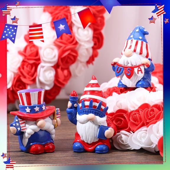 sixwipe 3Pcs Patriotic Gnome Decorations, Resin USA Gnome Figurines with American Flag Hat, 4th of July Independence Day Ornaments, Red White Blue Statue of Liberty Elf Gifts for Memorial Day