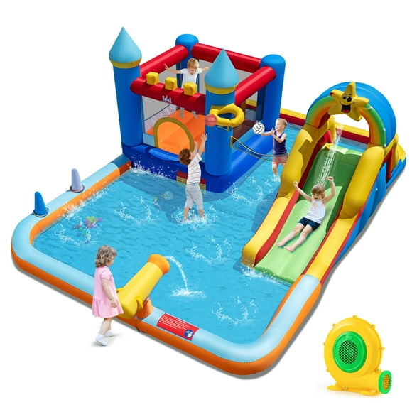 Gymax Giant Water Slide Bounce House w/Climbing Wall Splash Pool & Basketball Hoop