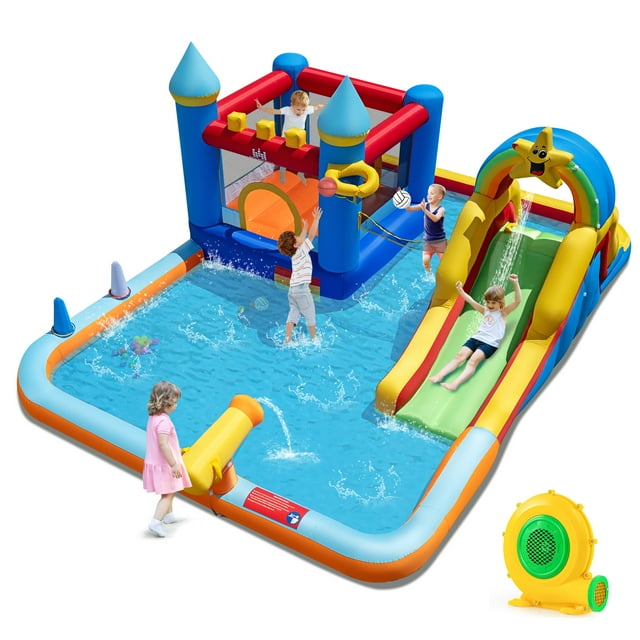 Gymax Giant Water Slide Bounce House w/Climbing Wall Splash Pool & Basketball Hoop